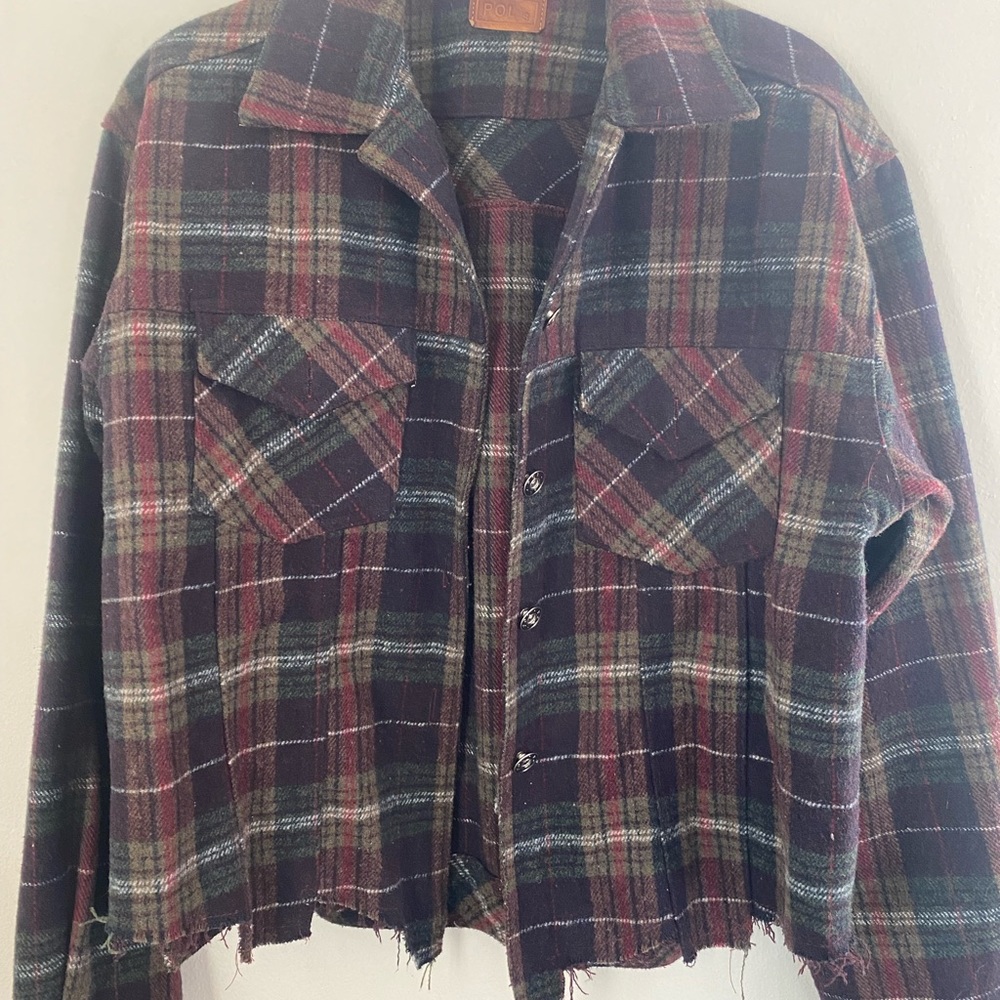 Burgundy plaid, cropped frayed, shacket, size S